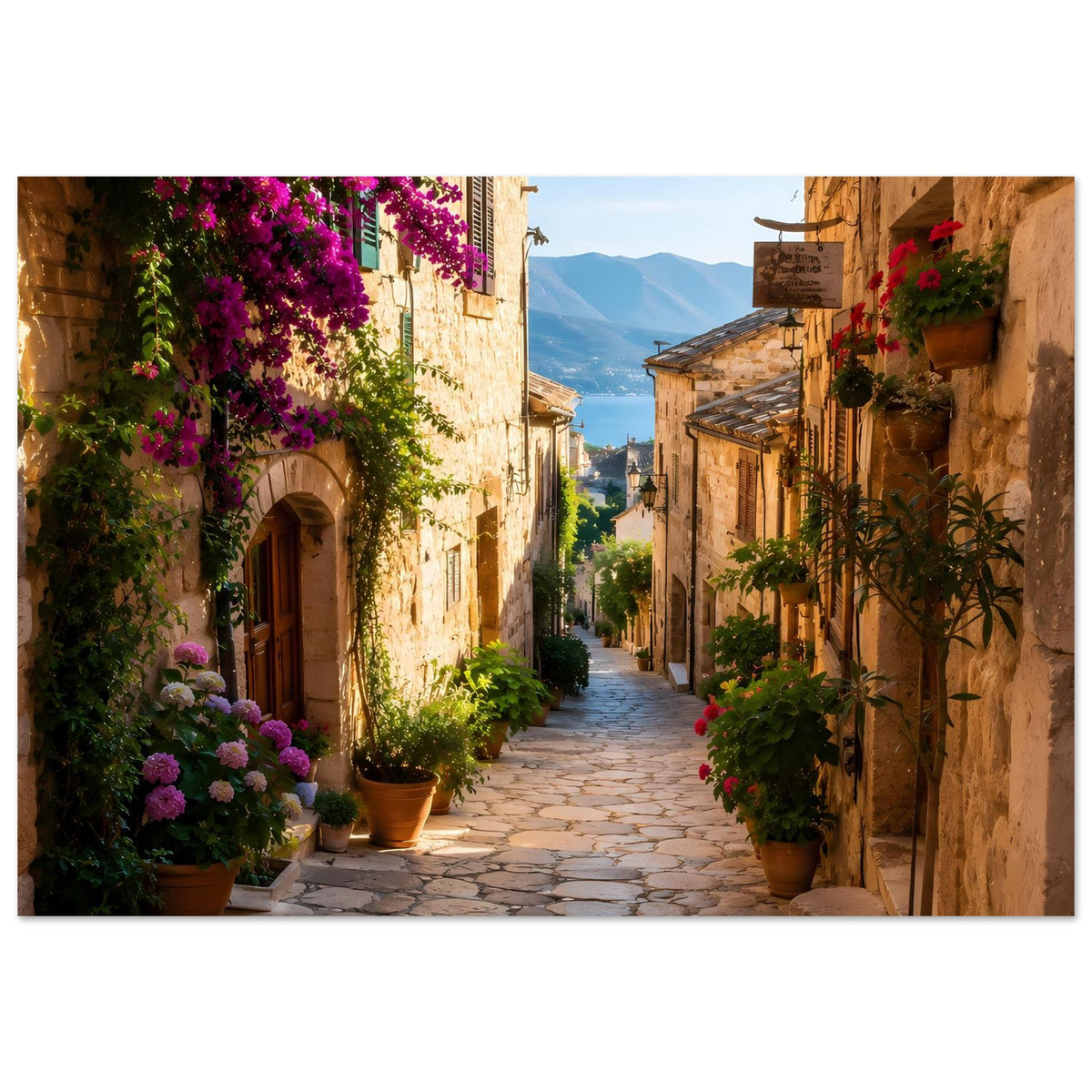 Mediterranes Gassenposter mit Laterne rechts, Häusern mit Pflanzenkübeln und lila Blüten am Weg