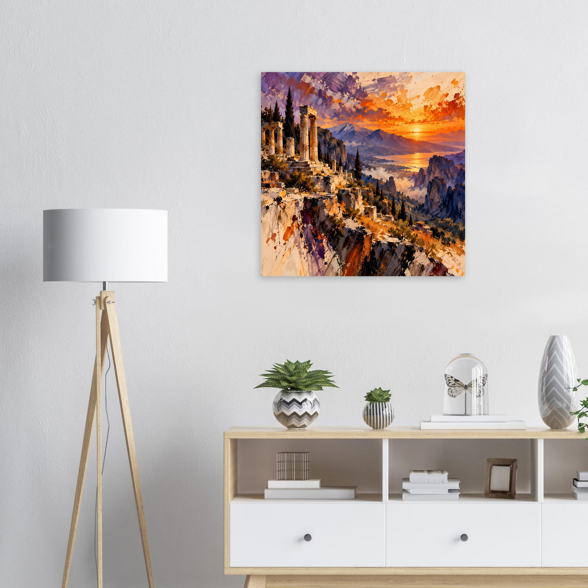 Matte Poster mit Sonnenuntergang und antiken Ruinen, violette und orange Farbflächen.