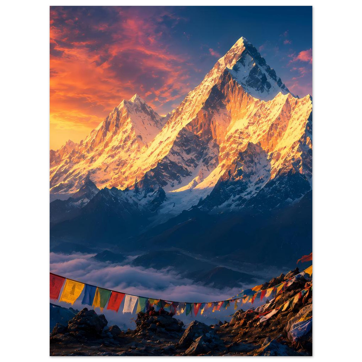 Vertikales Poster mit Sonnenaufgang über schneebedeckten Gipfeln und bunten Wimpeln unten