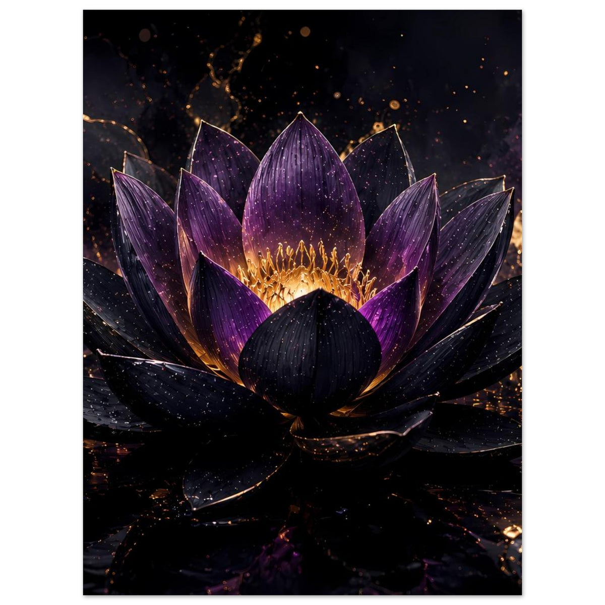 Lotusblüten-Poster mit violetten Blättern, goldener Staubflamme und dunklem Hintergrund