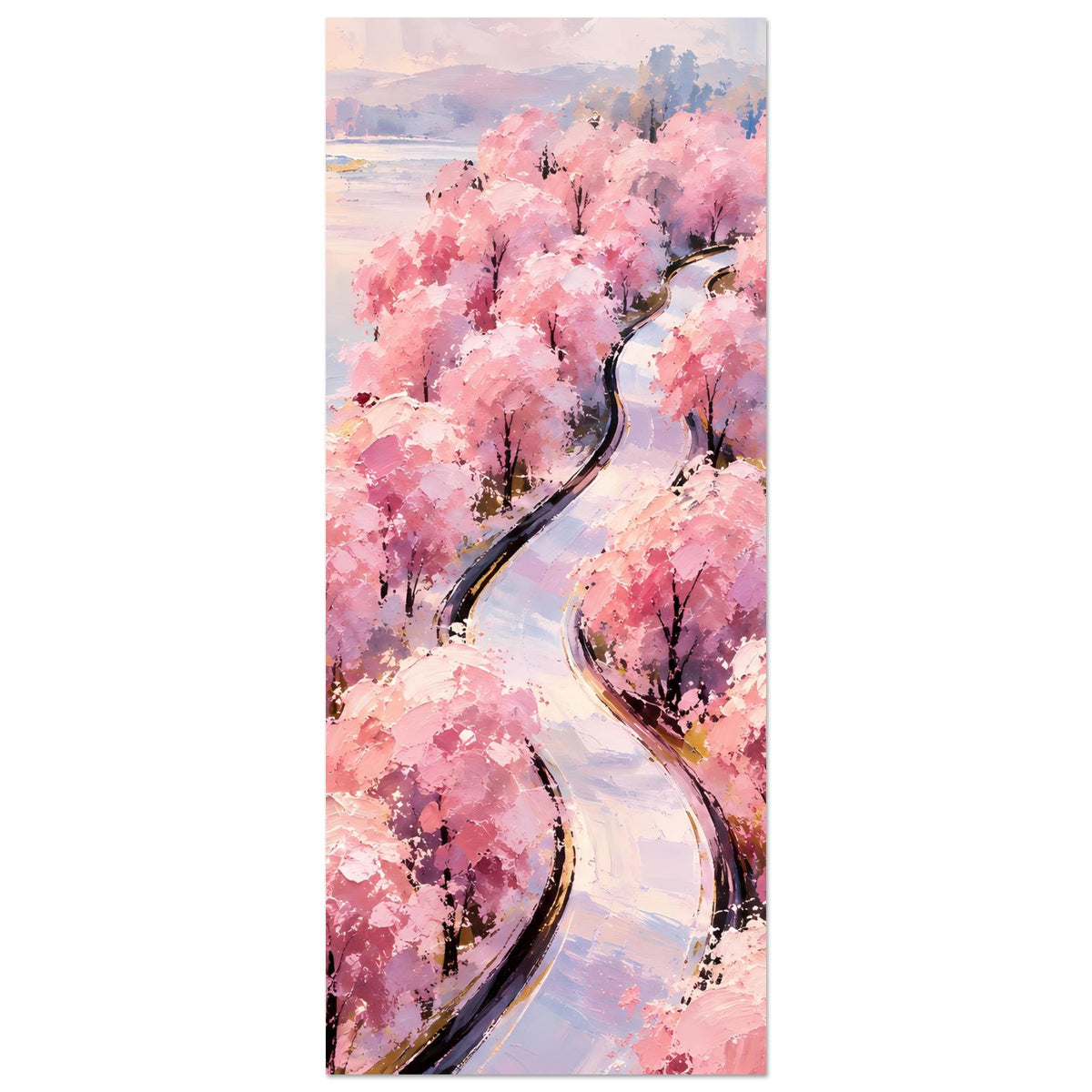 Kunstdruck-Poster im Hochformat: rosafarbener Blütenweg zwischen pinken Baumkronen