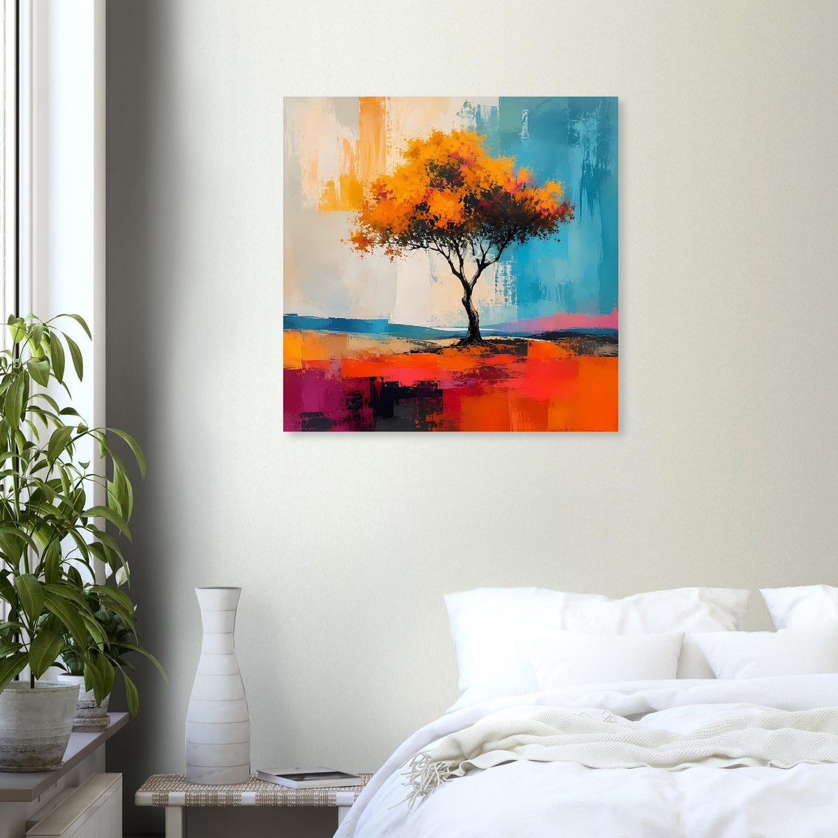 Gerahmtes quadratisches Poster mit Baum in Orange und Türkis, abstraktem Hintergrund