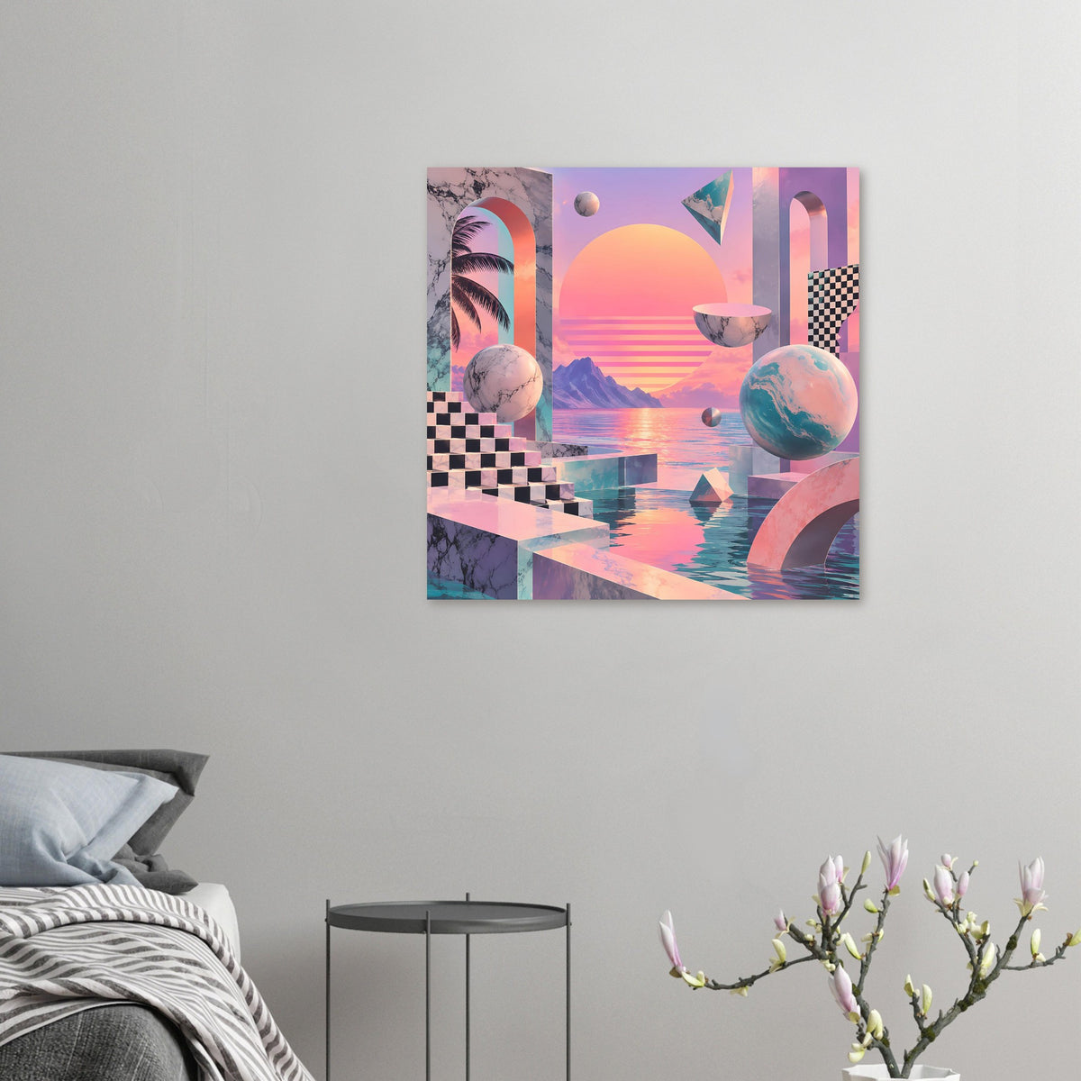 Kleines Poster im Querformat an der Wand: surrealer Sunset mit geometrischen Formen