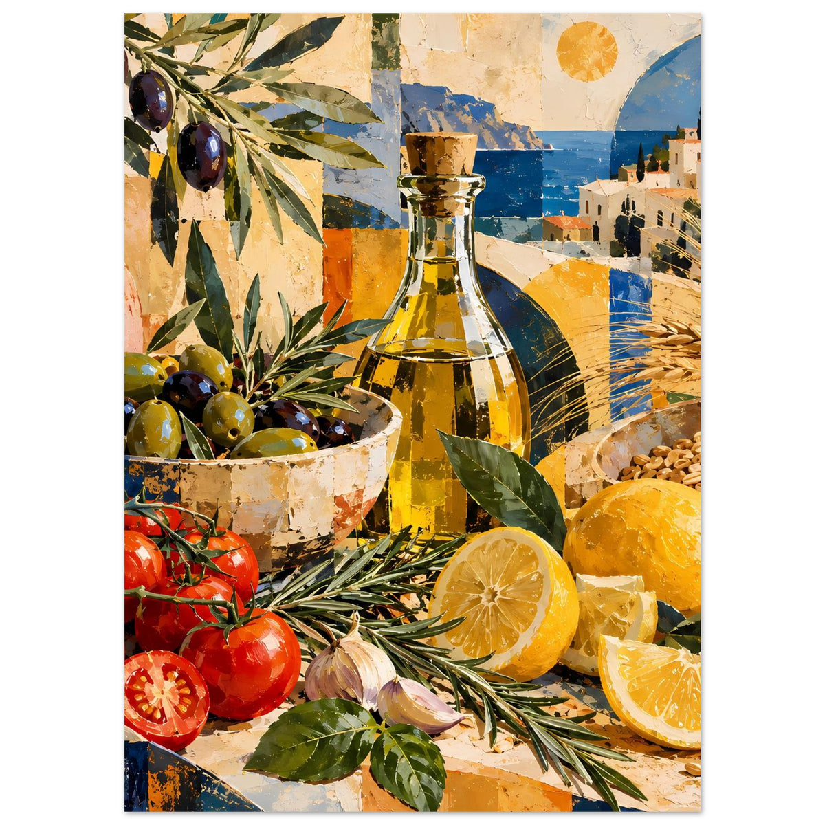 Stillleben-Poster: Ölflasche mit Oliven, Tomaten, Zitronen und Orange