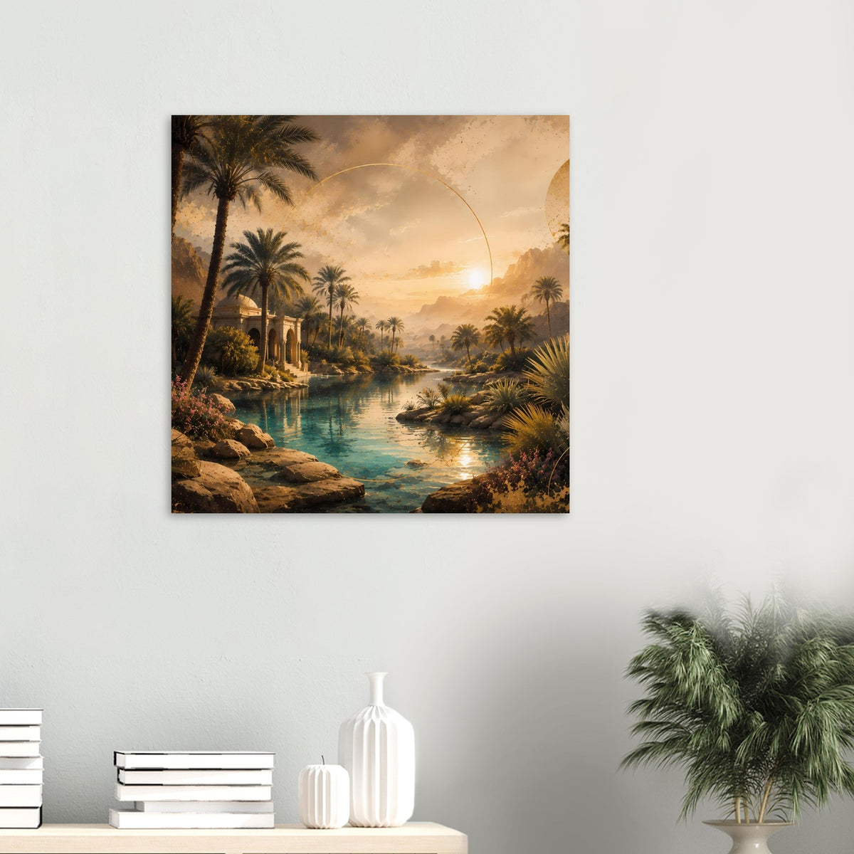 Gerahmtes Wandposter mit Palmen, Fluss und Sonnenuntergang in türkisfarbenem Wasser