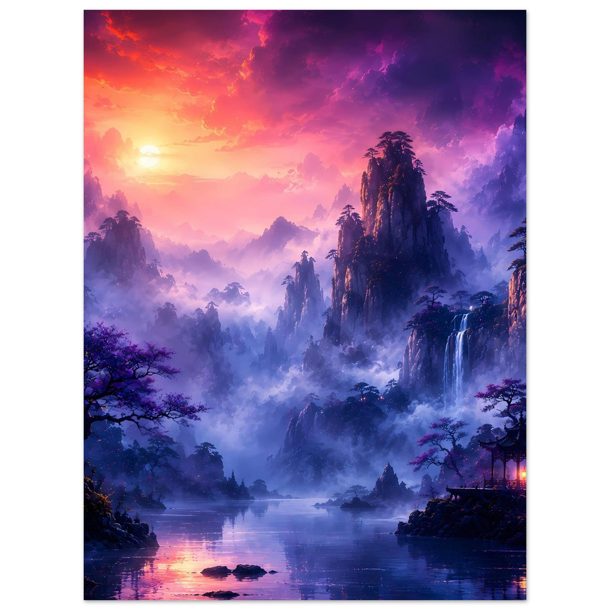 Fantasy-Poster mit mystischem Bergpanorama, Wasserfall, violetten Nebeln und Sonnenlicht am Horizont