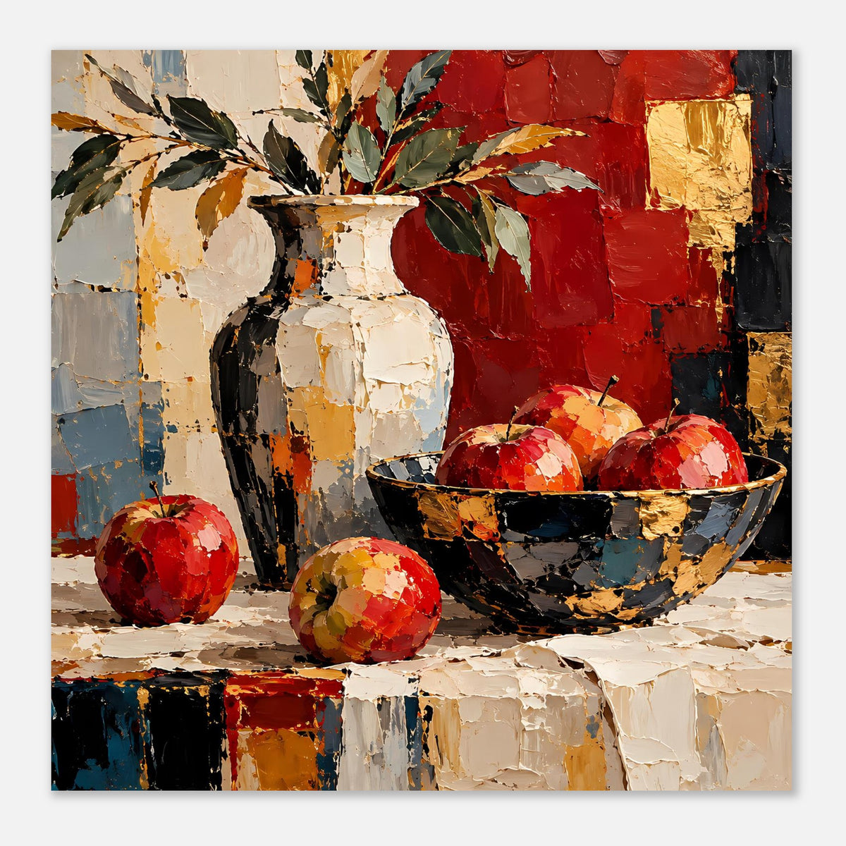 Kunstposter mit Stillleben: rote Früchte, Schale und Vase in Rot-, Gold- und Erdtönen