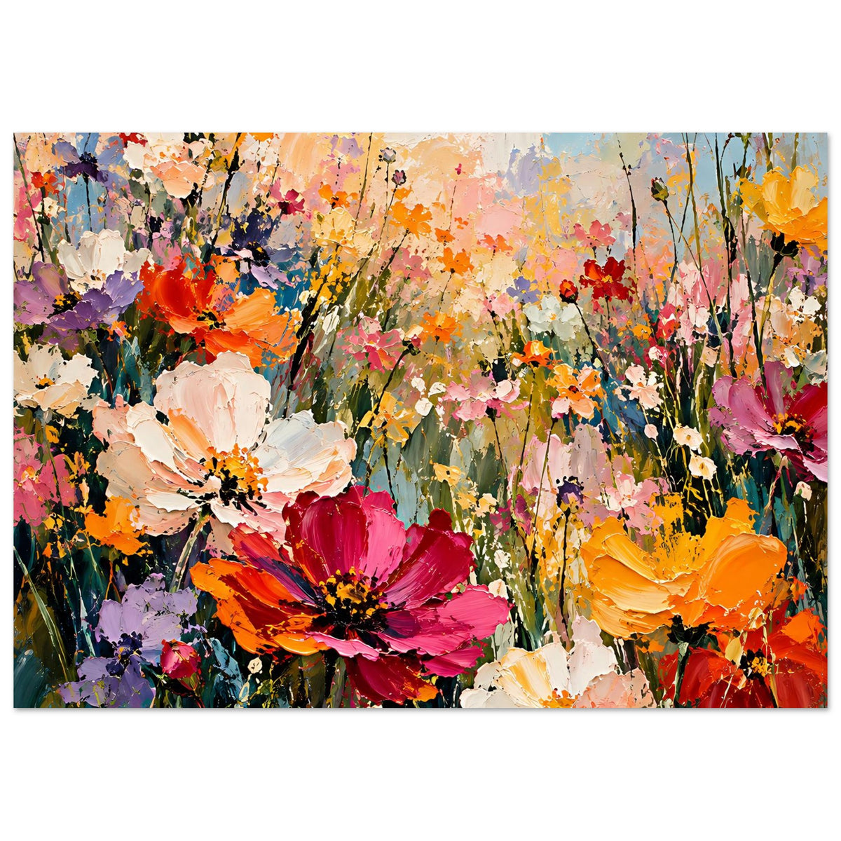 Blumenposter im Querformat: farbenreiche Blumenlandschaft mit orangefarbenen und magentafarbenen Blüten