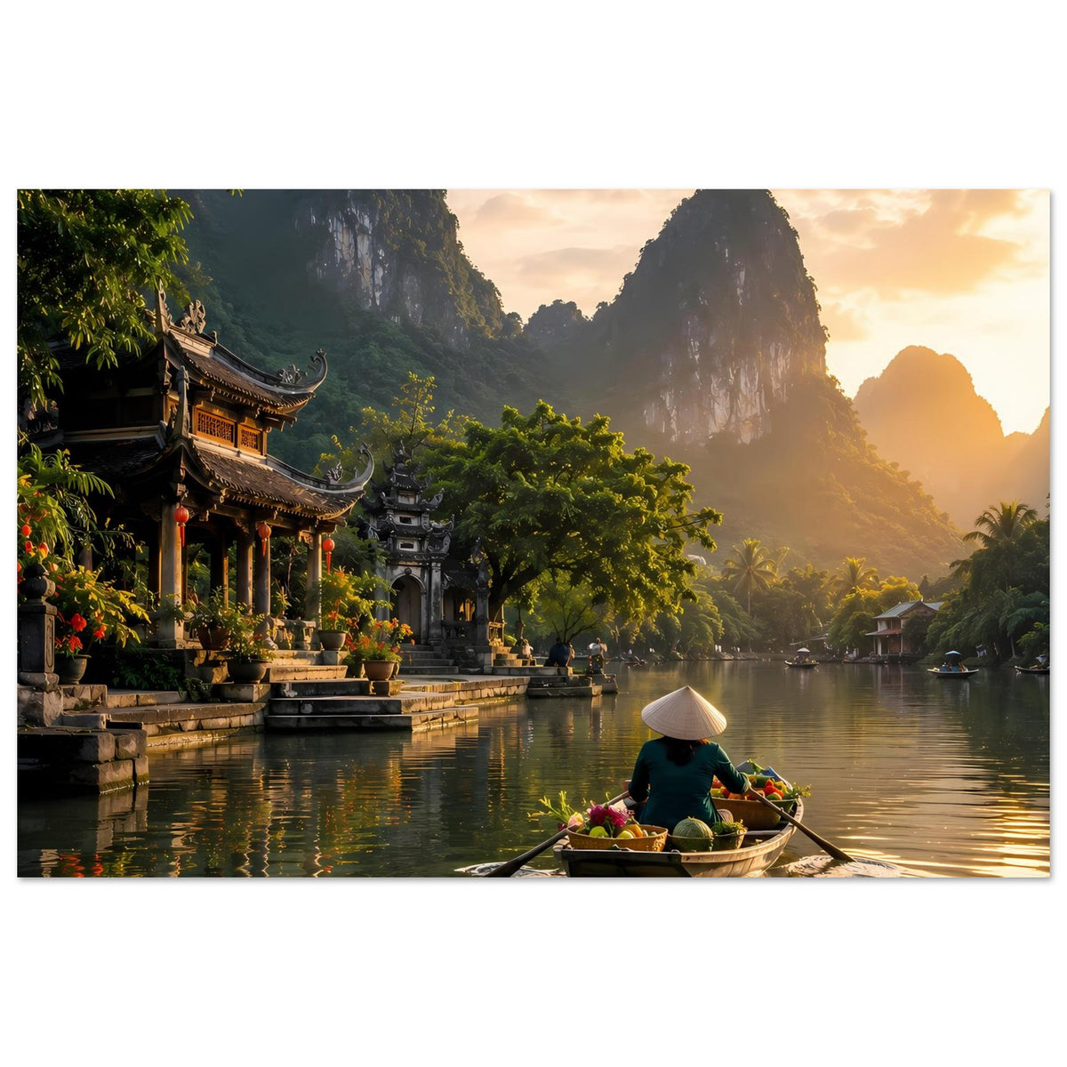 Kunstposter mit Fluss und Boot im Vordergrund; Tempelanlage links, Abendsonne