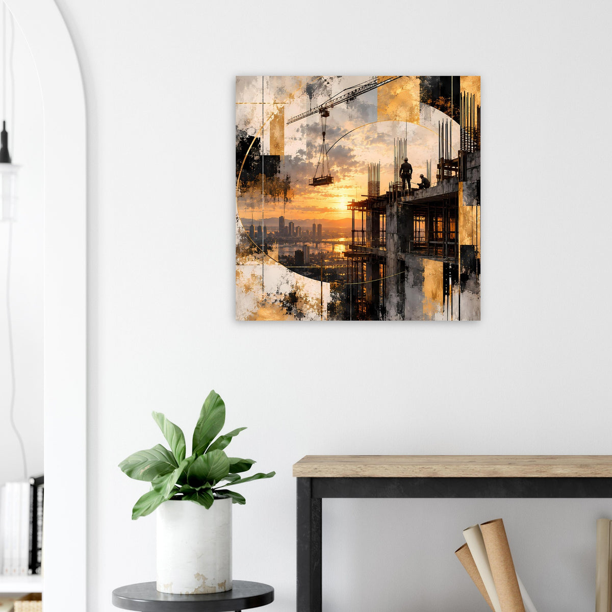 Quadratisches Poster mit Sonnenuntergangsstadt und dunklen Gebäudekonturen