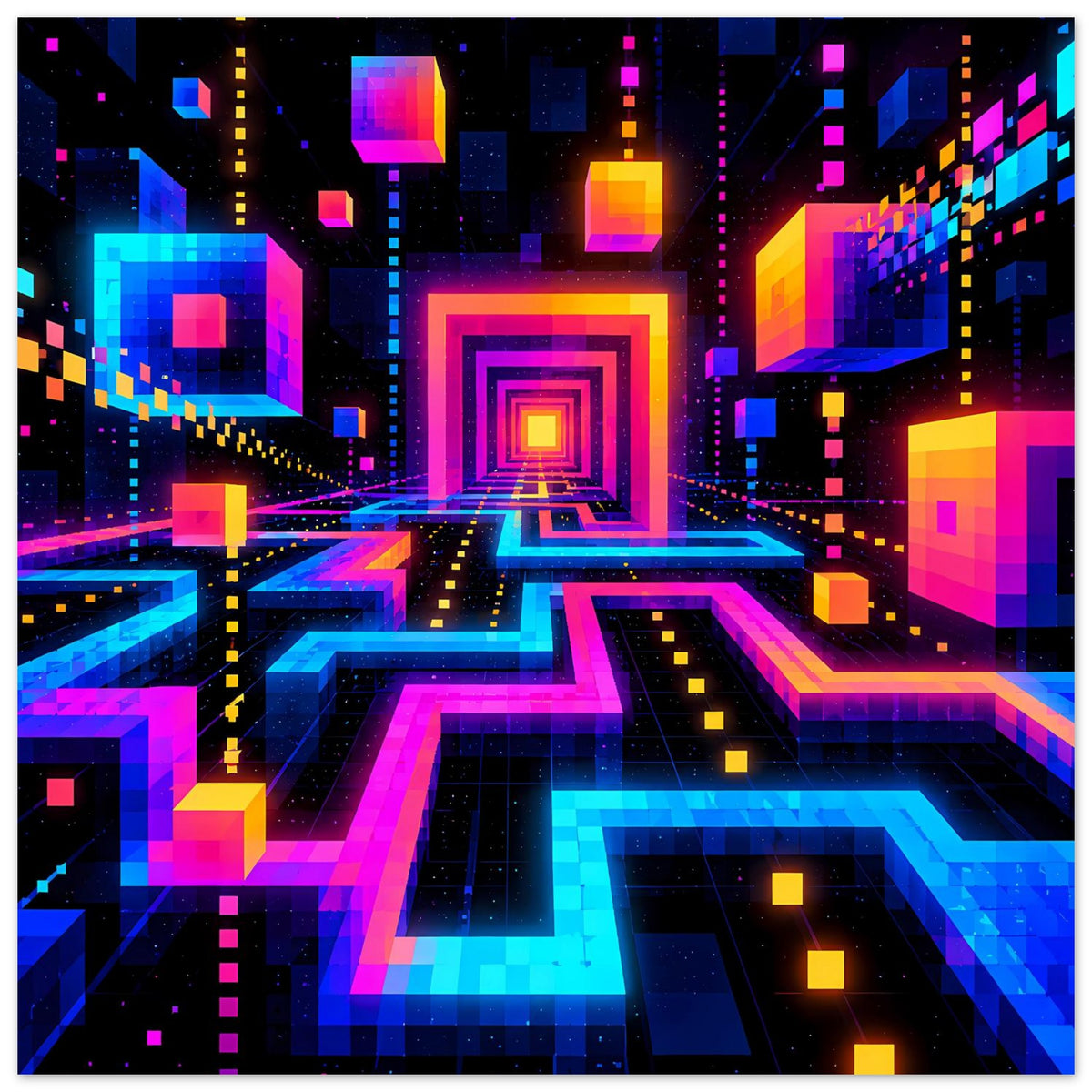 Neon-Labyrinth-Poster mit geometrischen 3D-Formen und leuchtenden Farbbahnen
