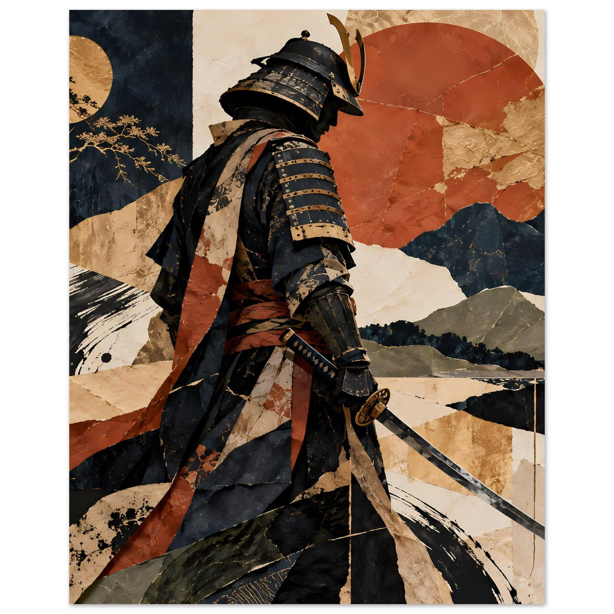 Poster im Hochformat: Samurai in Rüstung mit Schwert, abstrakte Collage in Erdtönen