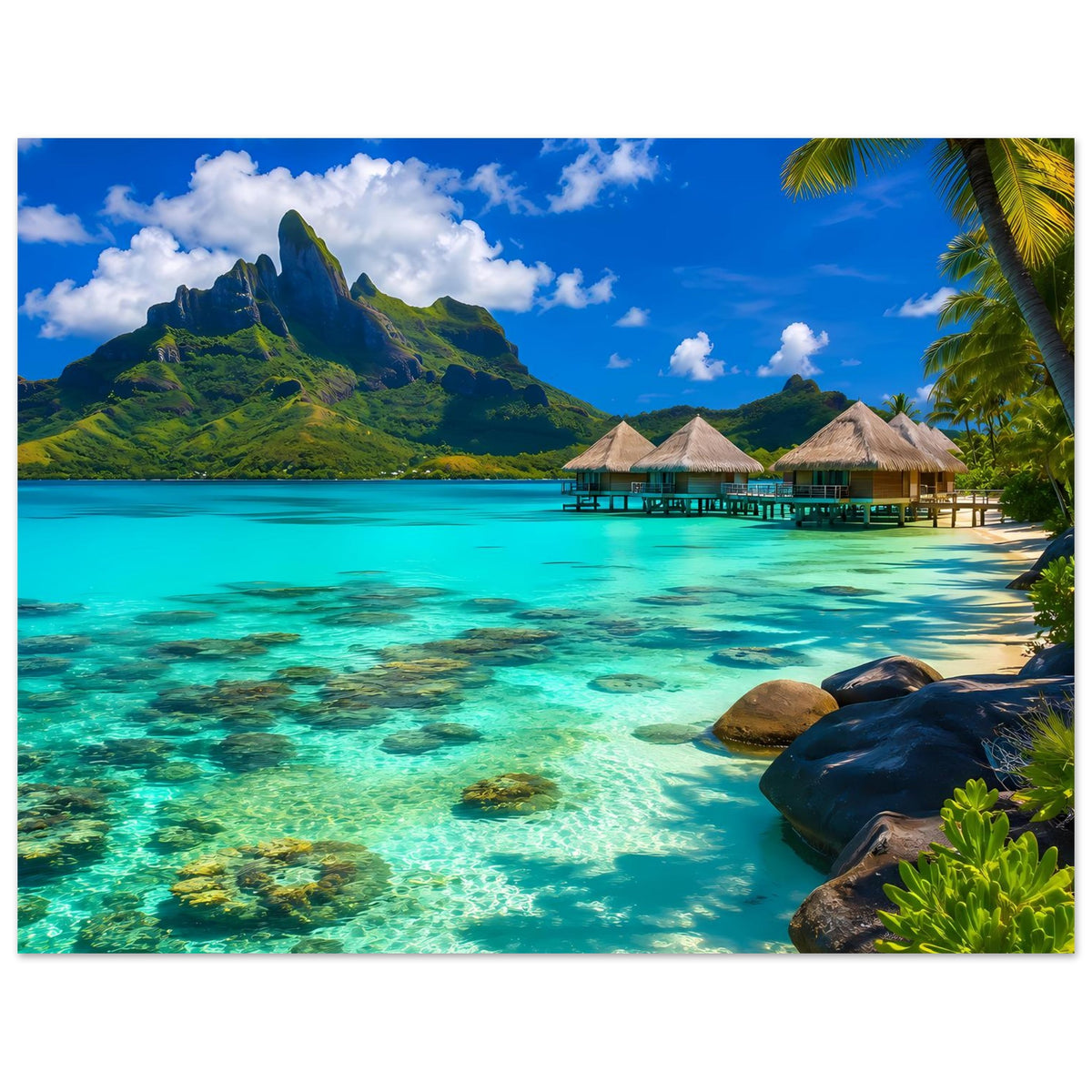 Strandposter, horizontal: türkisfarbenes Meer, Bungalowsteg, Palmen und Berge