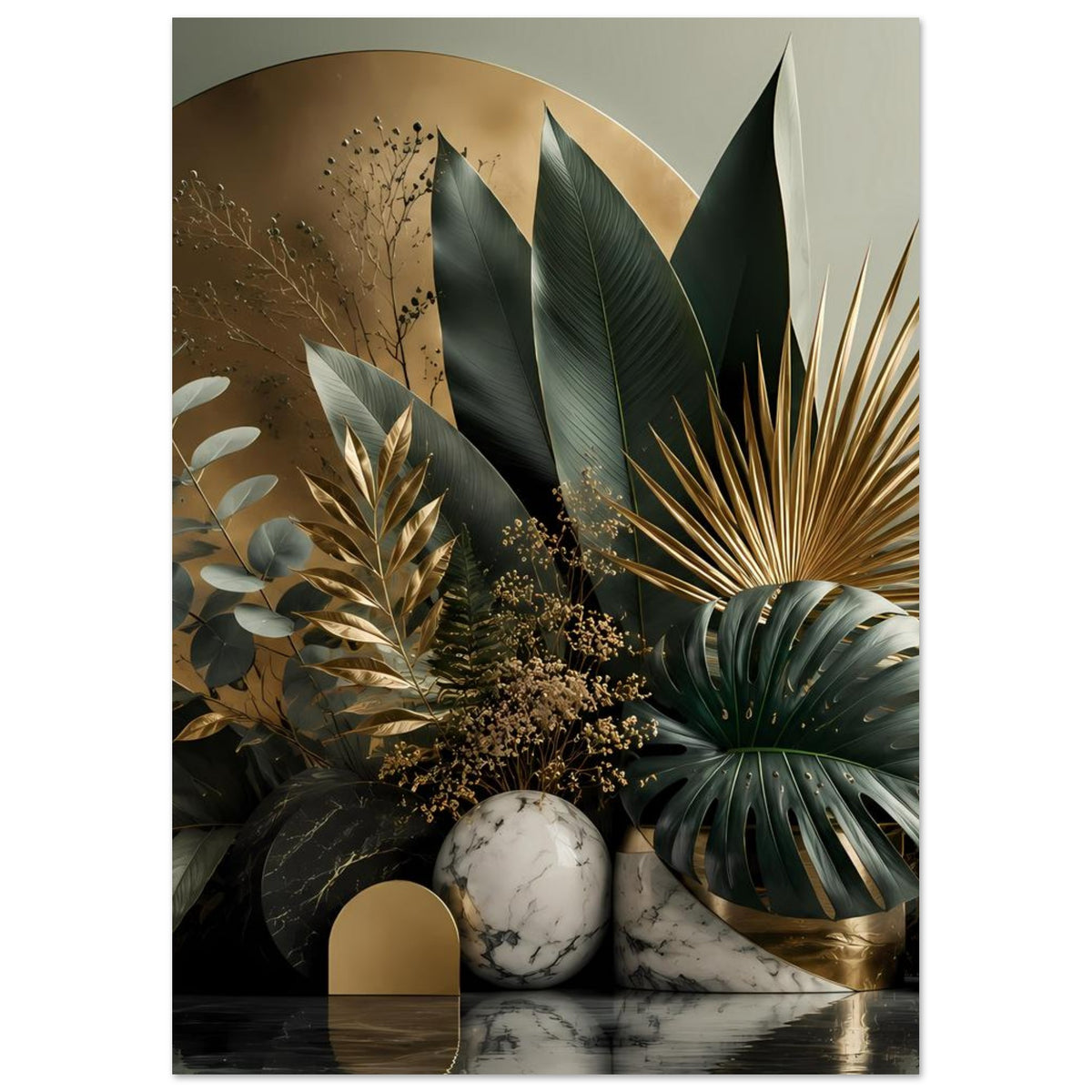 Botanisches Poster mit tropischen Blättern, Goldbogen, Marmorkugeln und dunklem Untergrund