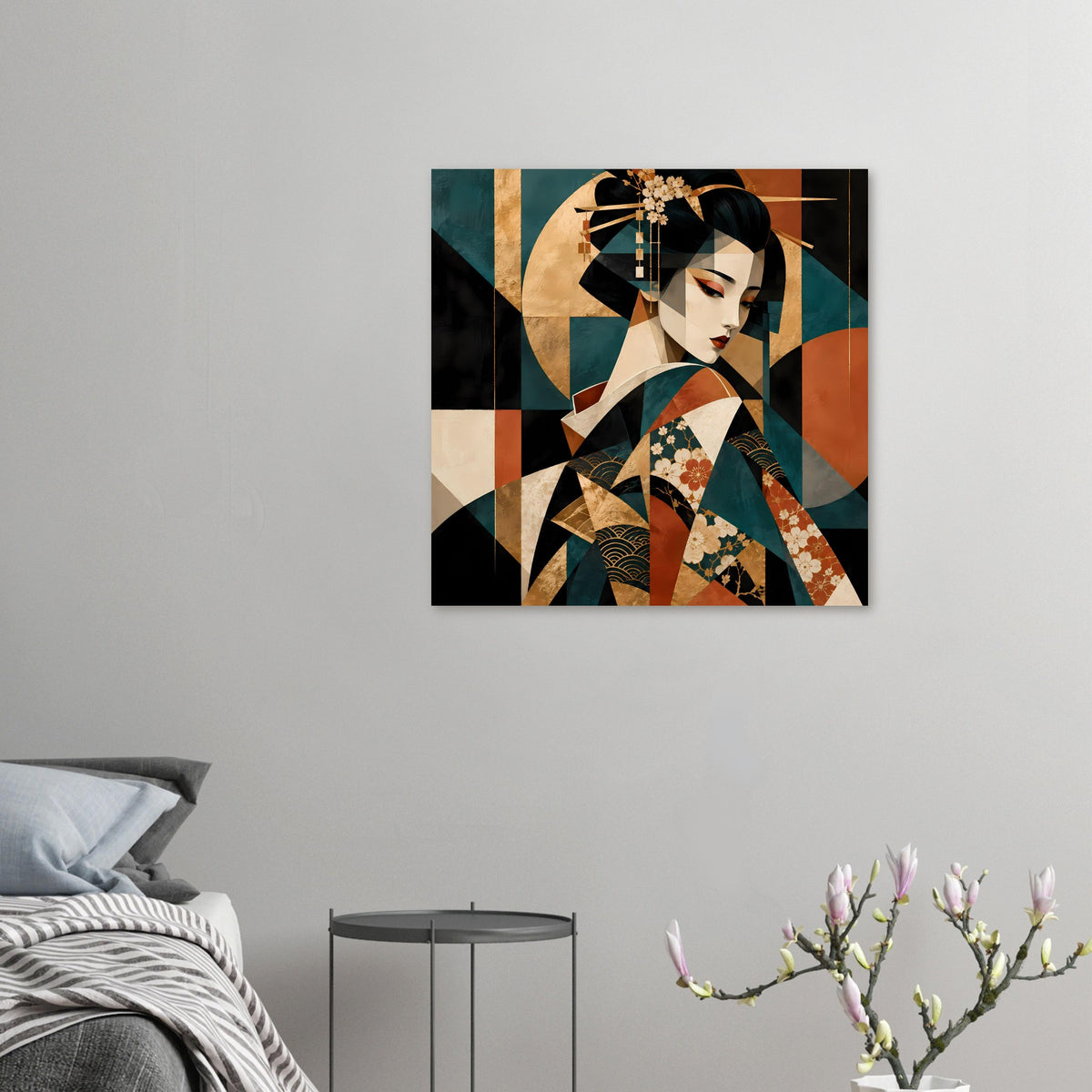 Kleines Kunstposter mit Geisha im Profil, schwarzes Haar und Kimono in Türkis, Gold und Rot