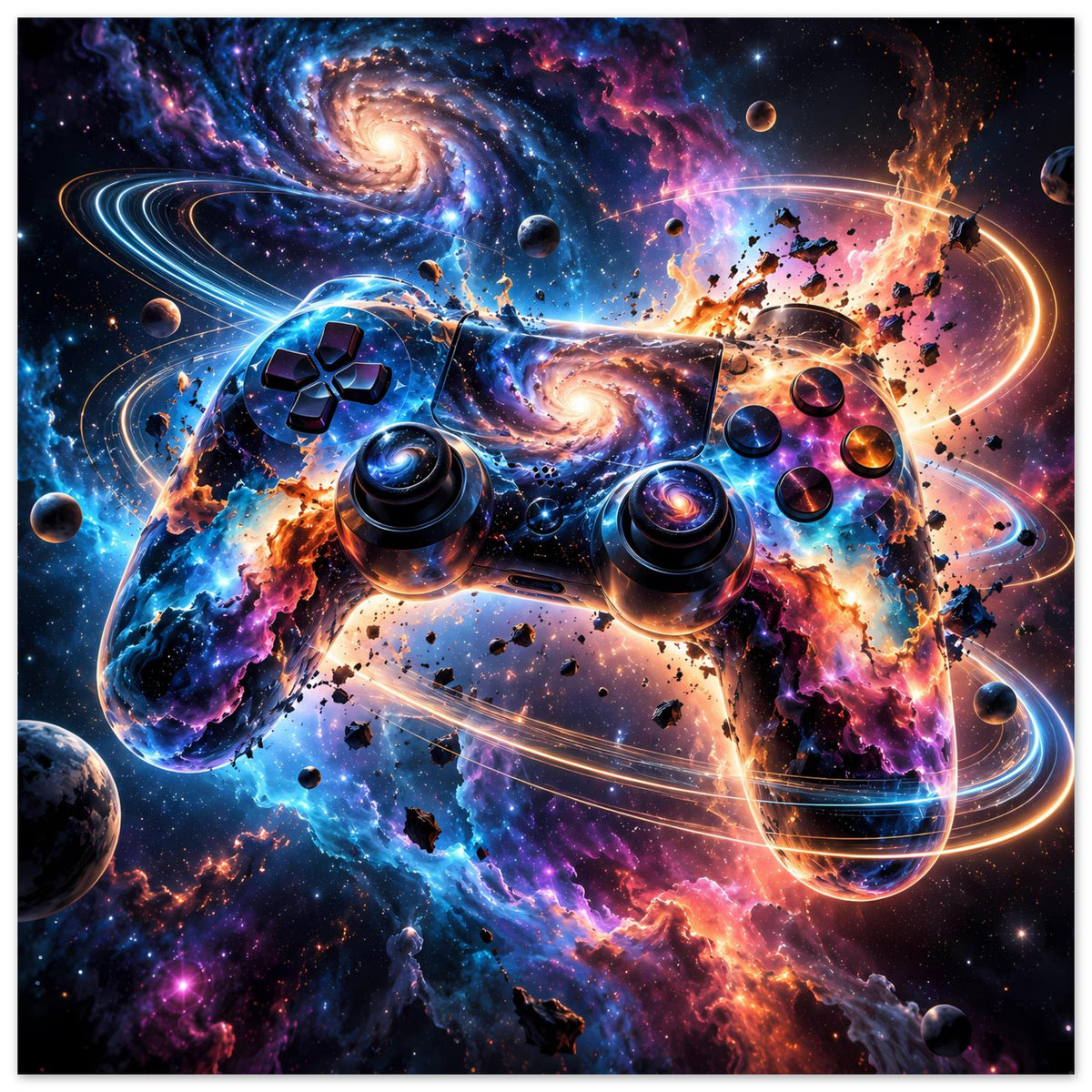 Gaming-Controller-Poster mit Galaxie-Motiv: Controller mit Buttons, Planeten und Nebel, Querformat