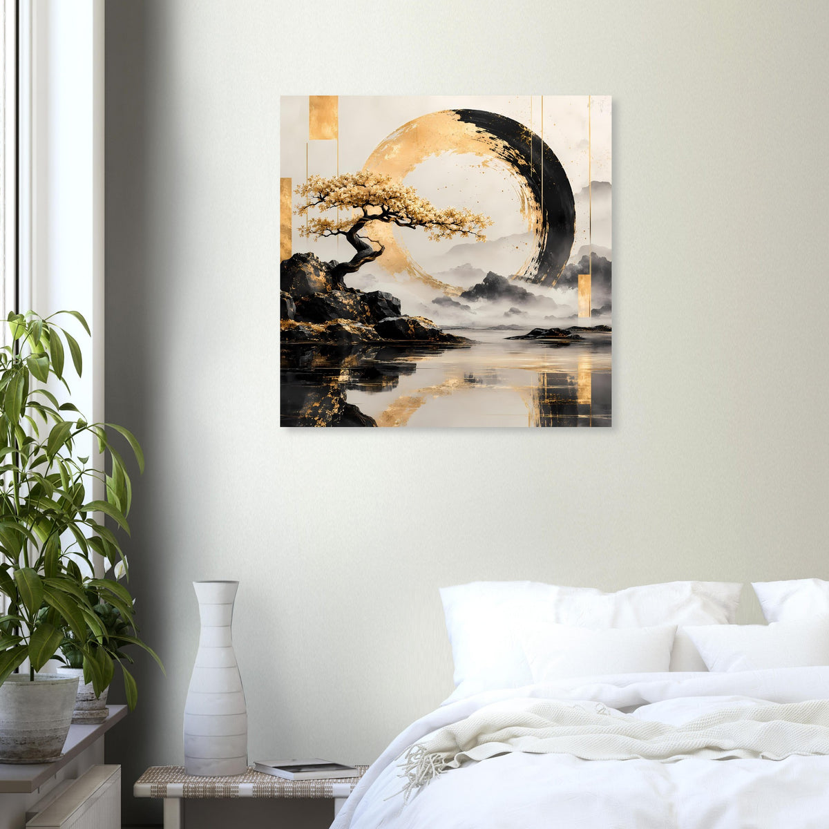 Quadratisches Wandposter mit gold-schwarzer Kreisgrafik und spiegelnder See
