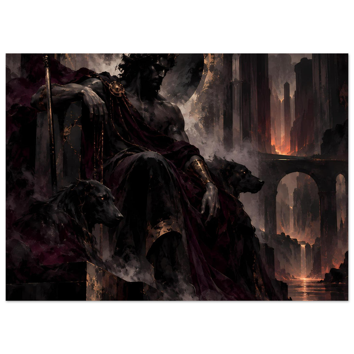 Dark-Fantasy-Poster quer: gekrönte Kriegerfigur mit Mondsymbol, düstere Türme und Feuerstellen