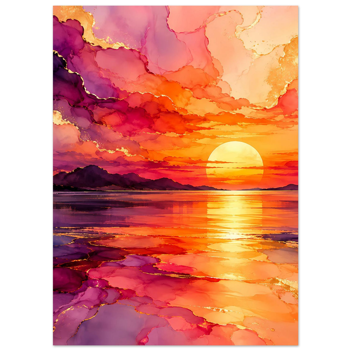 Wandposter im Hochformat mit Sonnenuntergang, violette Wolken, orangefarbene Spiegelungen