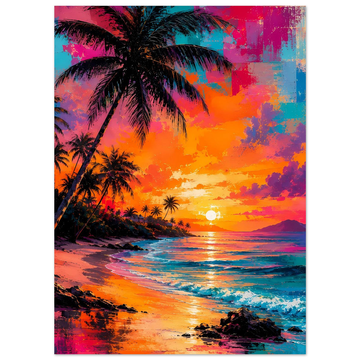 Neon-Palmenstrand-Poster im Hochformat: große Palme links, Sonne über dem Meer