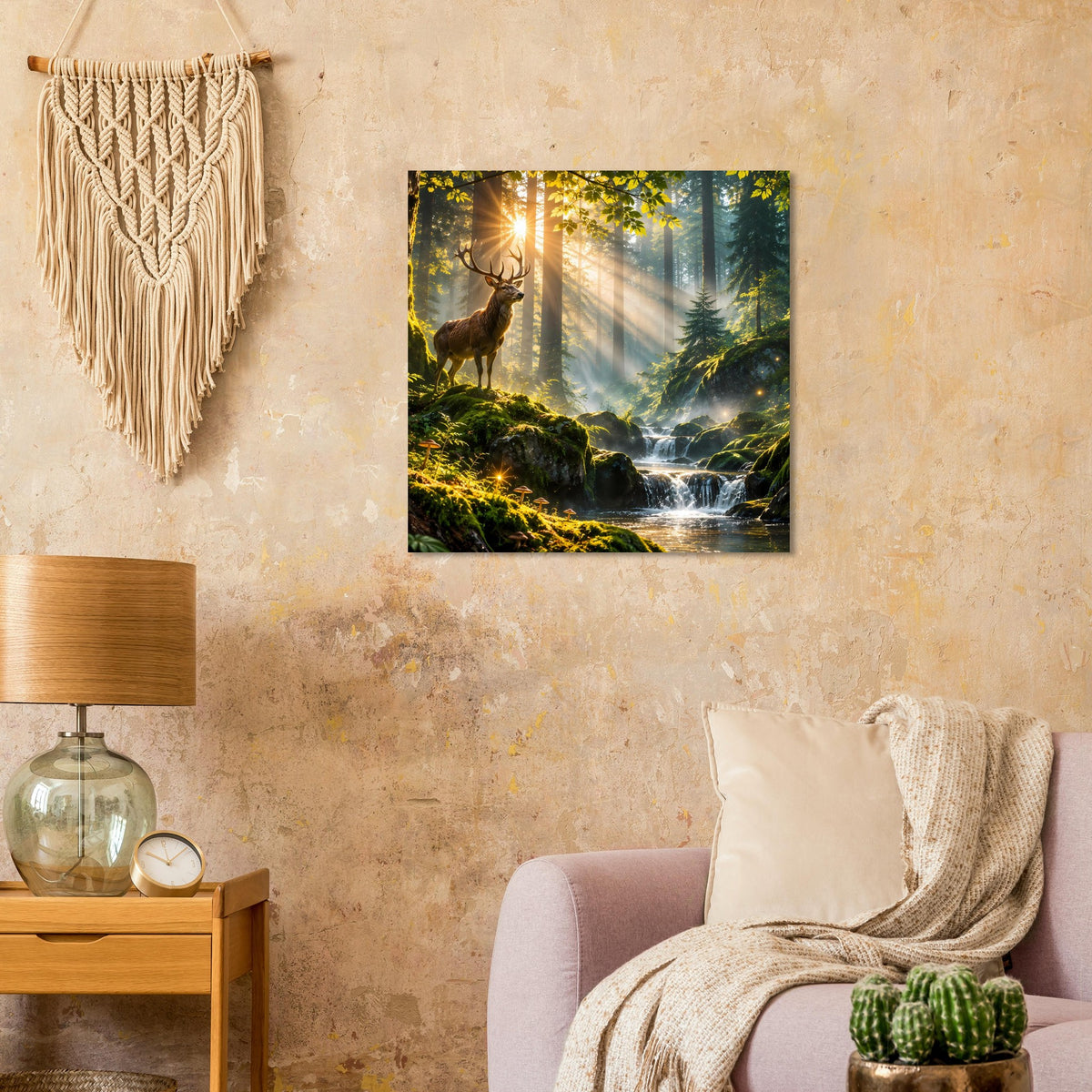 Quadratisches Poster mit Hirsch, grünem Wald und Wasserlauf unter Sonnenlicht