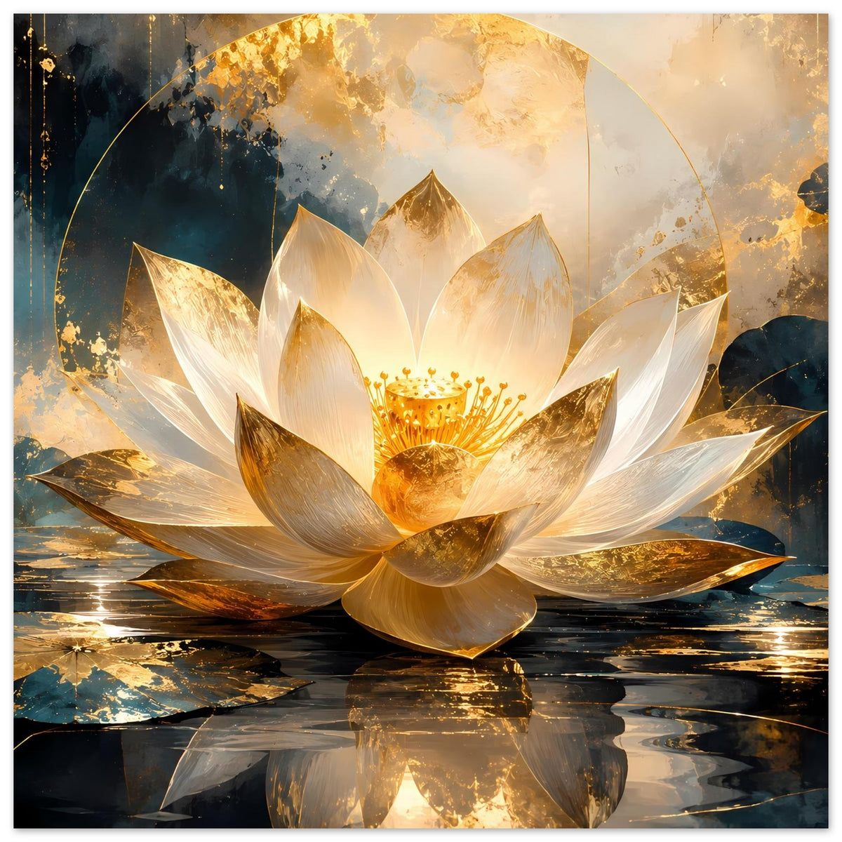 Kunstposter: goldweiße Lotusblüte über reflektierendem Wasser, ganzflächig
