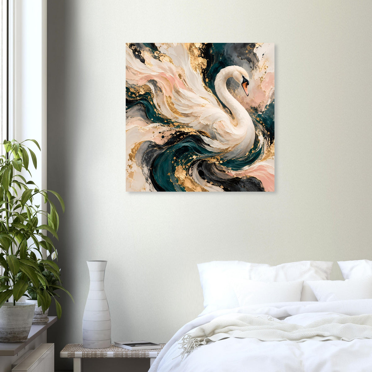 Kunstposter mit Schwan in weißem Gefieder, türkis und rosa Farbschichten