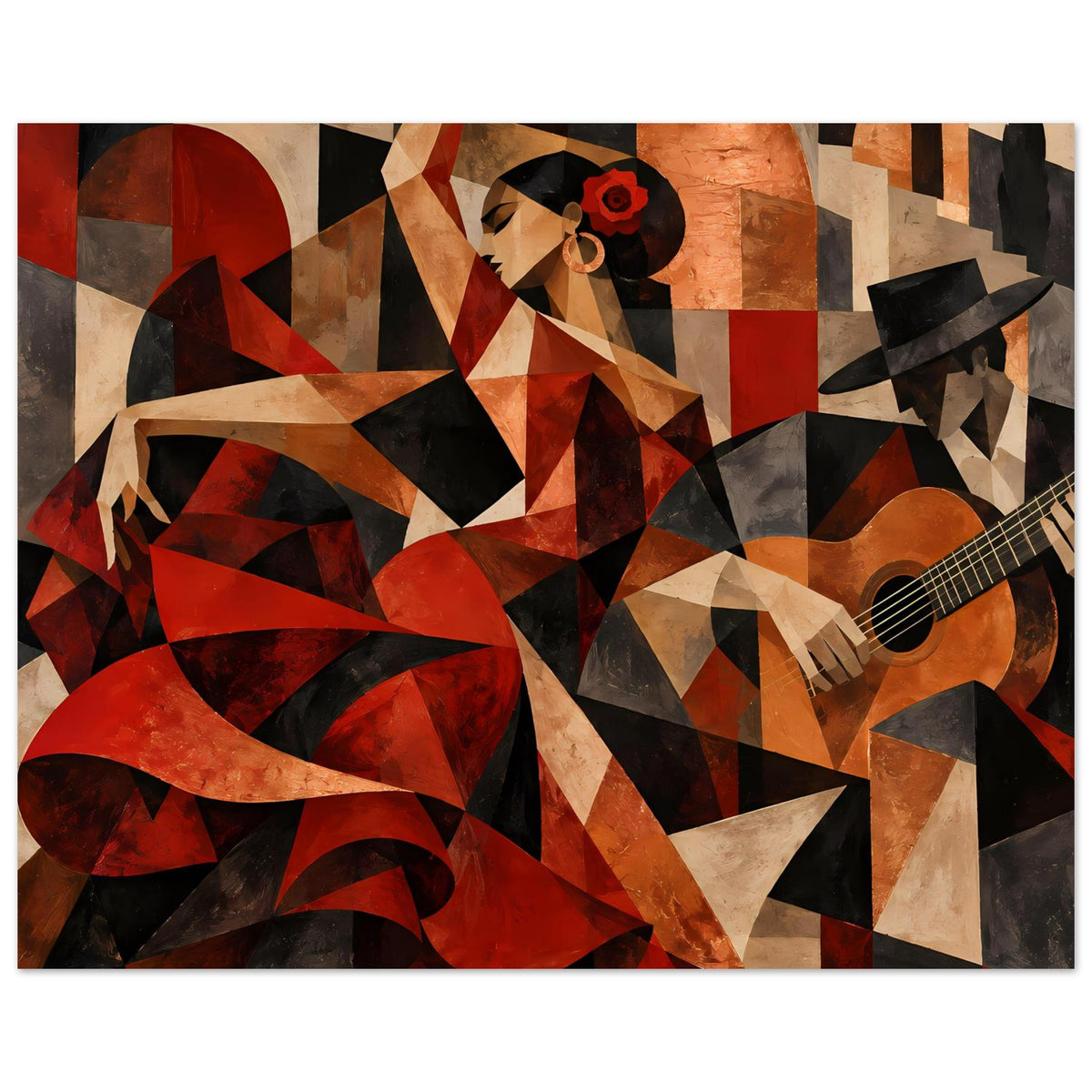 Kunstposter mit Flamenco-Tänzerin, Gitarre rechts sichtbar, geometrische Rot-, Braun- und Grautöne