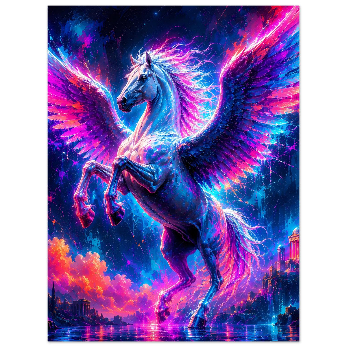 Leuchtendes Pegasus-Poster: blauer Pegasus mit leuchtenden Flügeln in Neonfarben