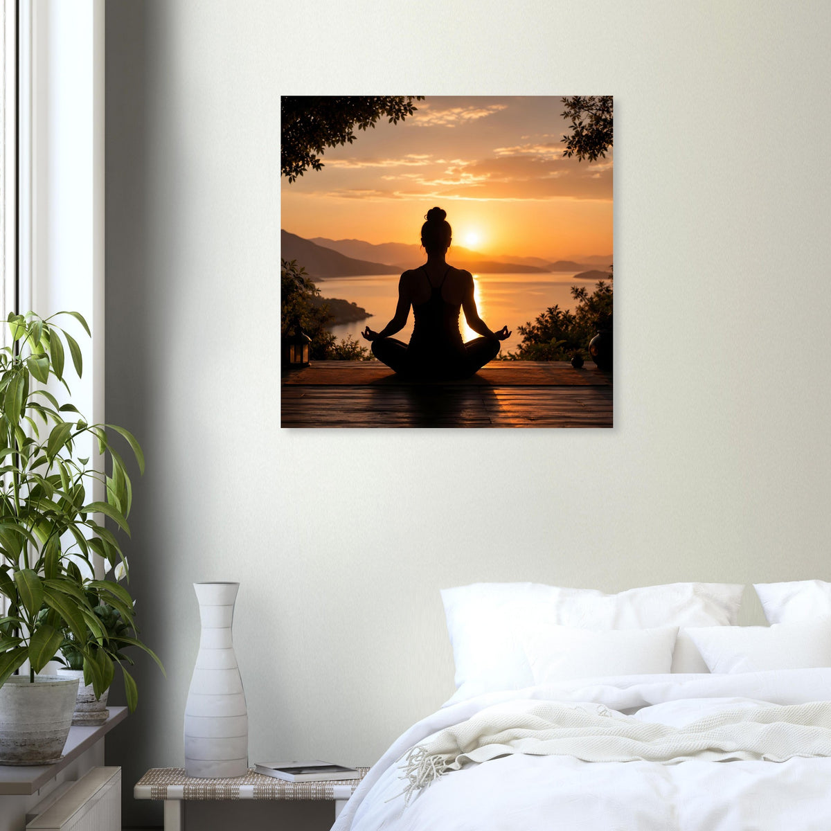 Quadratisches Meditationsposter mit Sonnenuntergang und sitzender Figur in Meditation