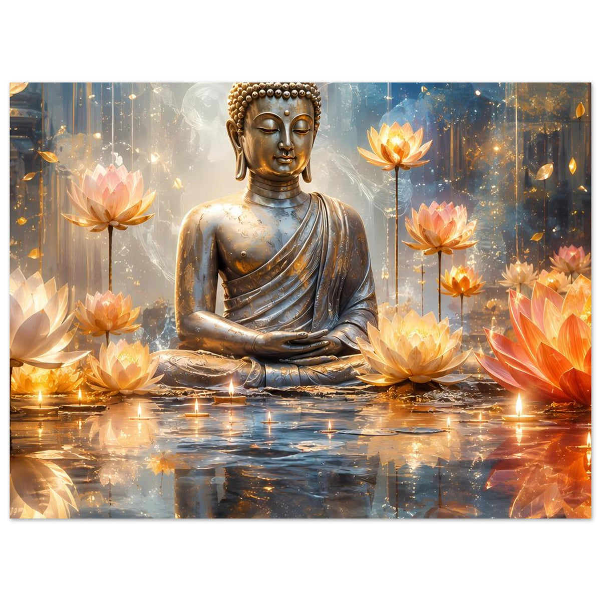 Poster mit meditiertem Buddha in Goldtönen, umgeben von leuchtenden Lotusblüten und Lichtern.