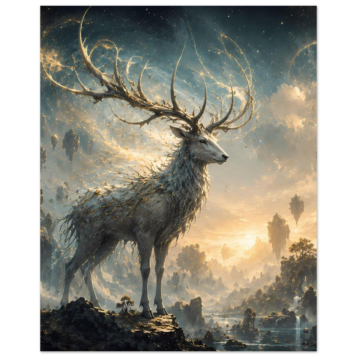 Hochformat-Poster mit majestätischem Hirsch, großes Geweih, stehende Silhouette