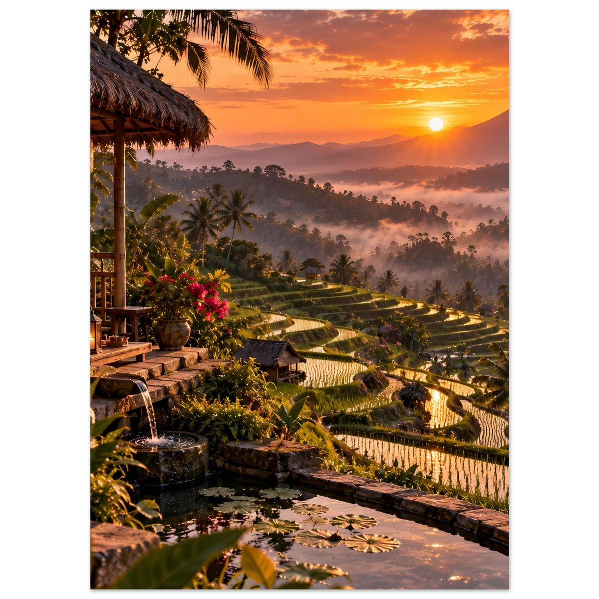 Poster mit Reisterrassen und Palmen, tropische Lodge und Sonne am Horizont