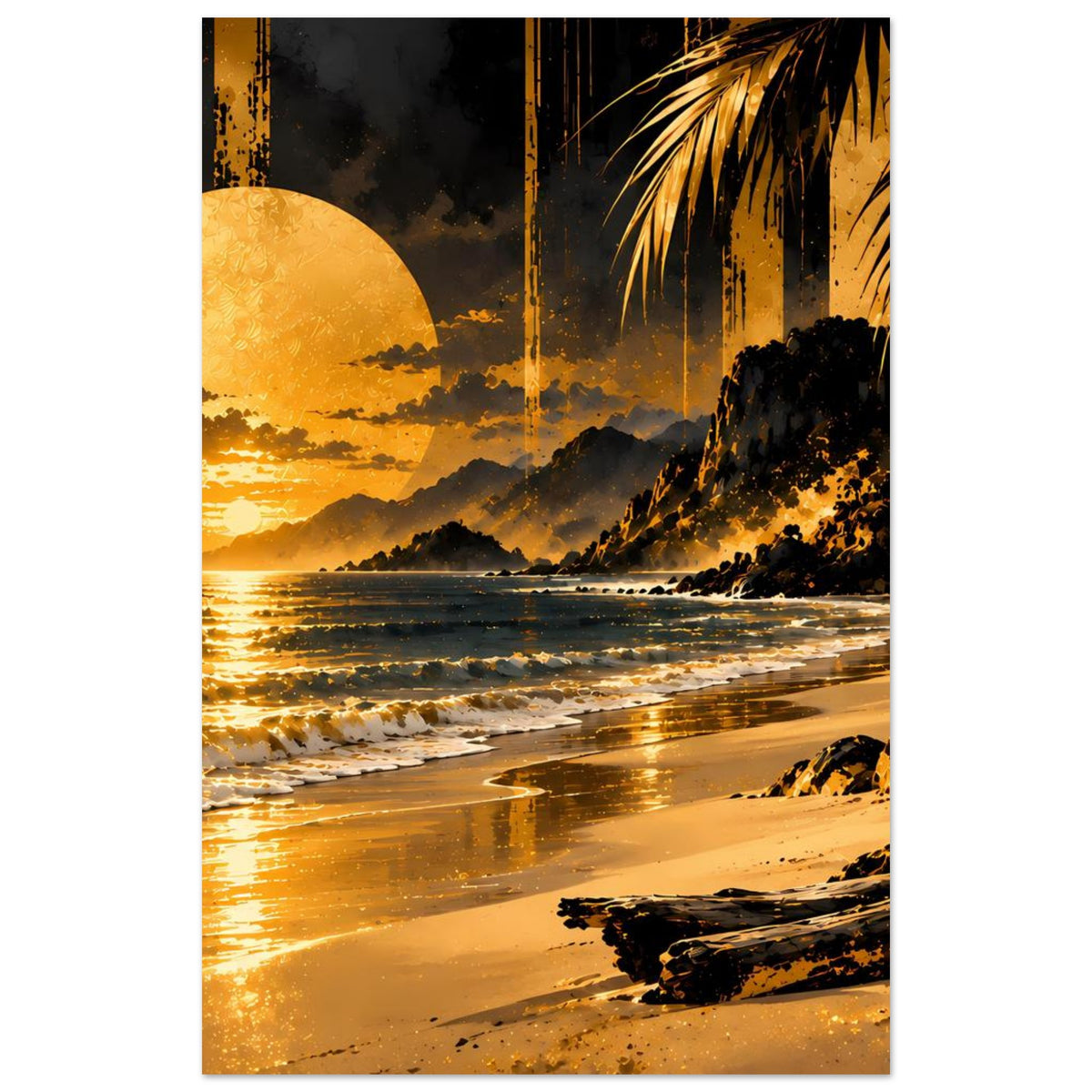 Strandposter im Hochformat mit großem gelbem Sonnenball, Wellenlinie und Sanddünen