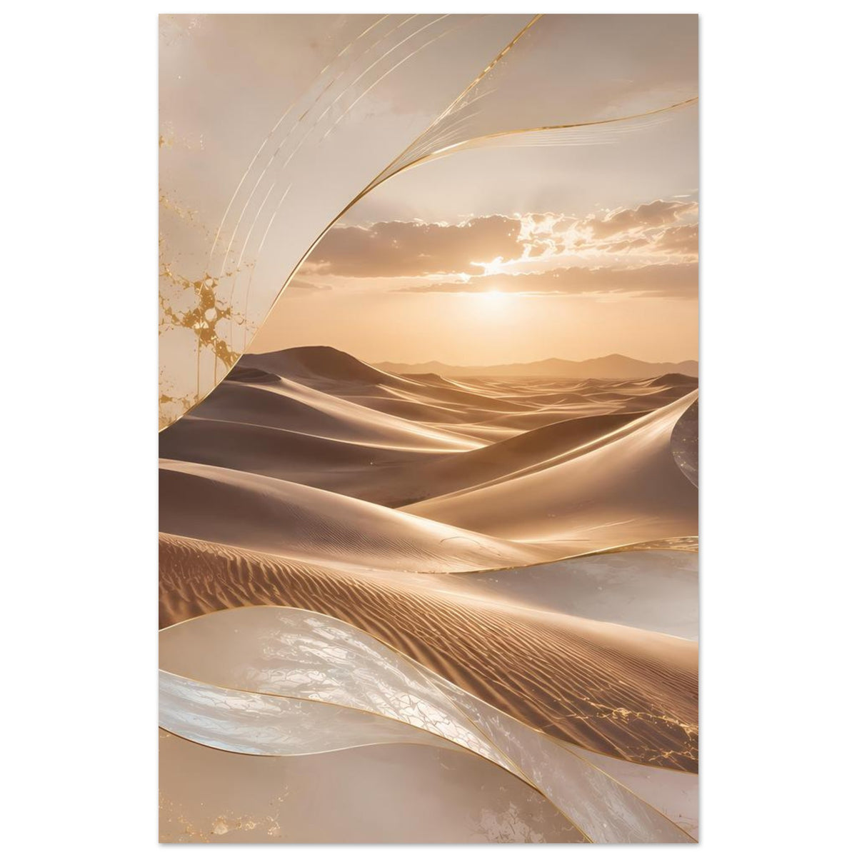 Gerahmtes Hochformat-Poster: goldene Kurven über Sanddünen und helle Himmelpartie