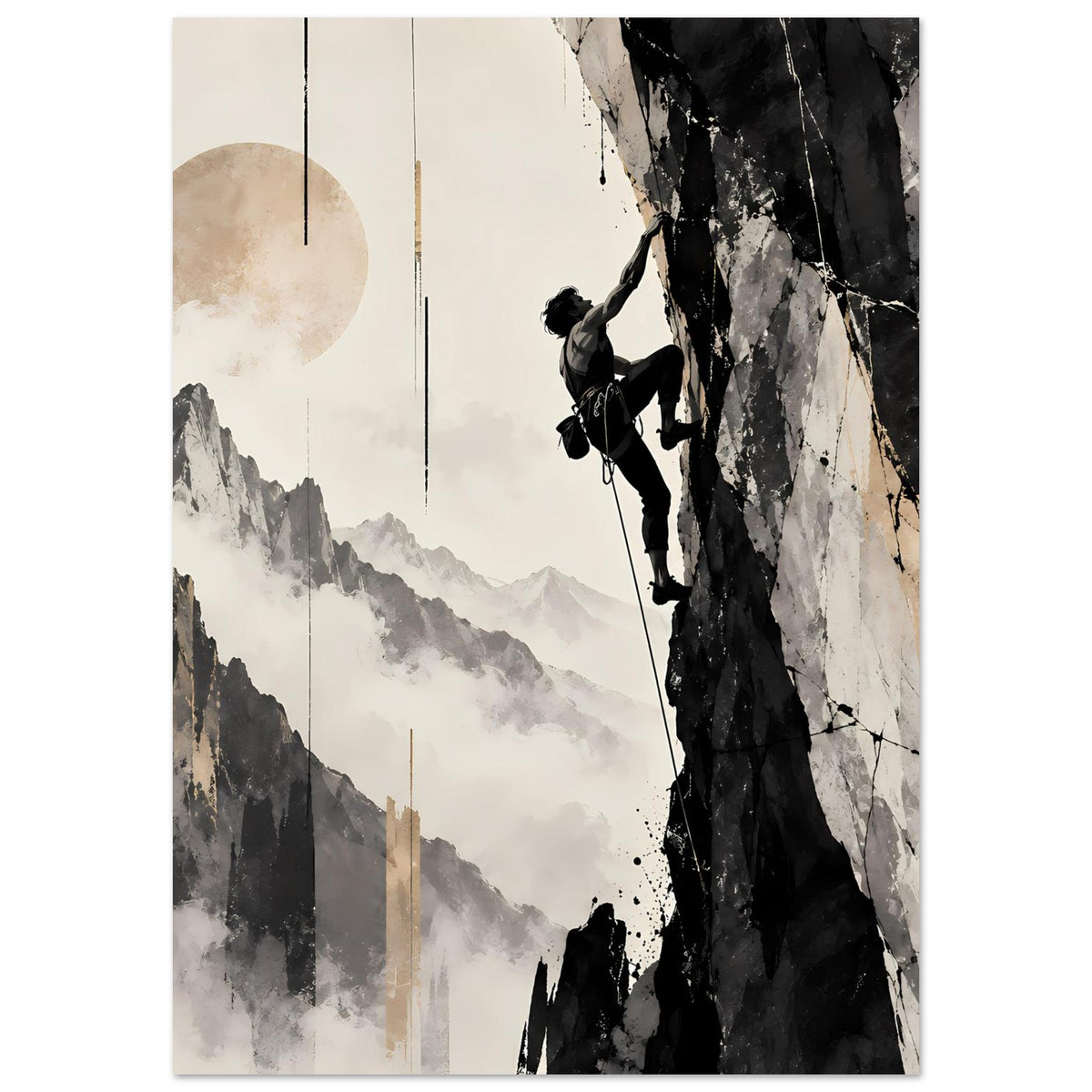 Vertikales Poster: Bergsteiger am Fels, Berglandschaft mit Nebel, Schwarz-Weiß mit beigem Kreis