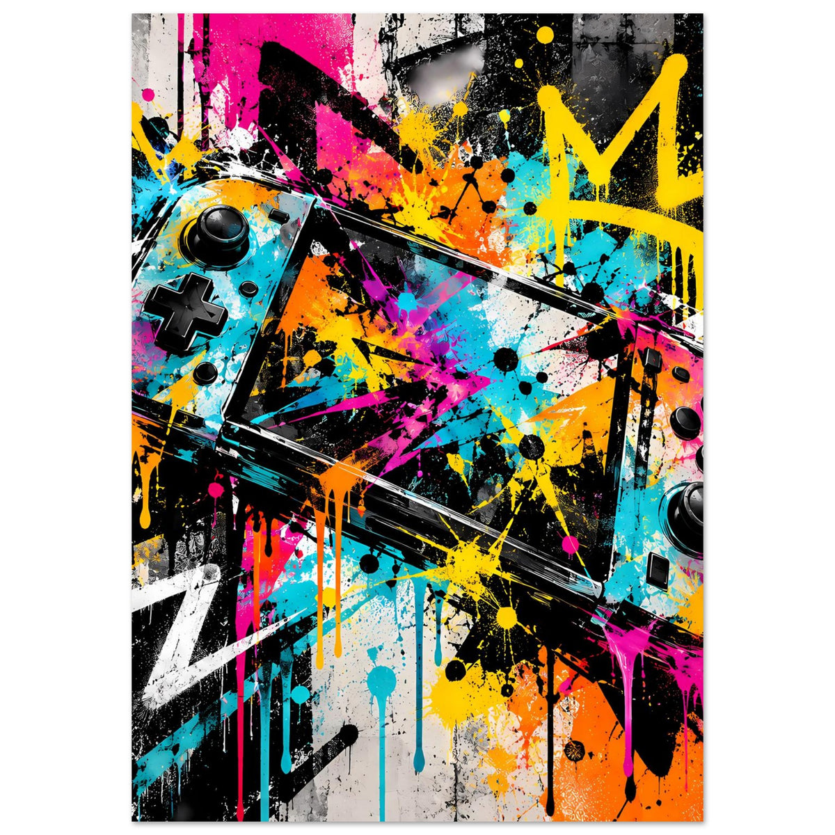Graffiti-Gaming-Poster, vertikales Format mit Controller rechts und kräftigen Sprühgraffiti-Farben