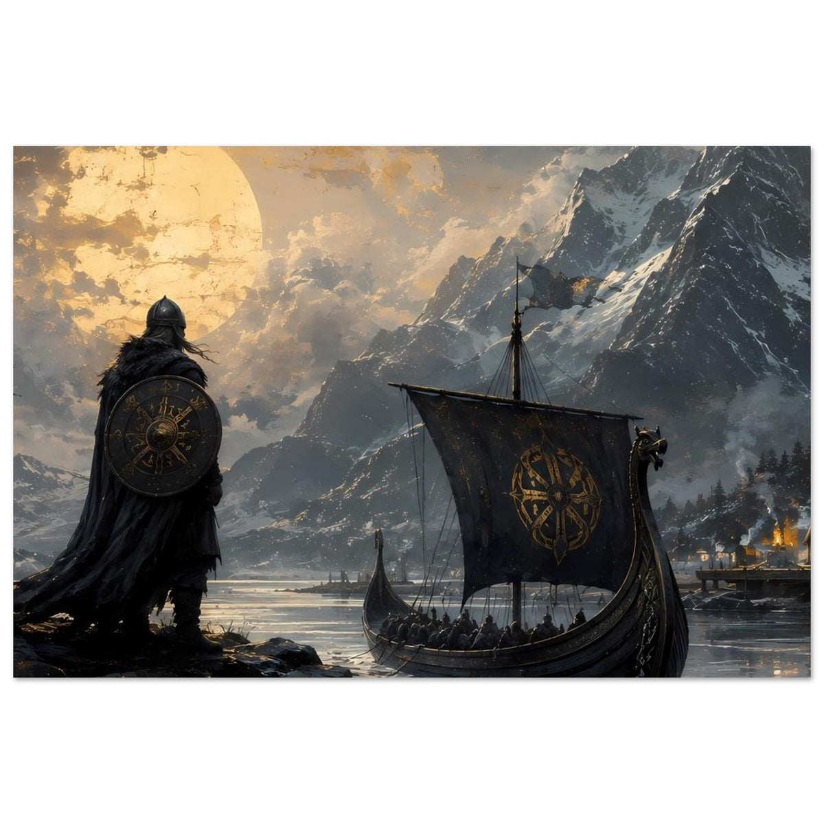Poster mit Wikingerkrieger und Drachenboot vor steilen Bergen mit goldenem Licht