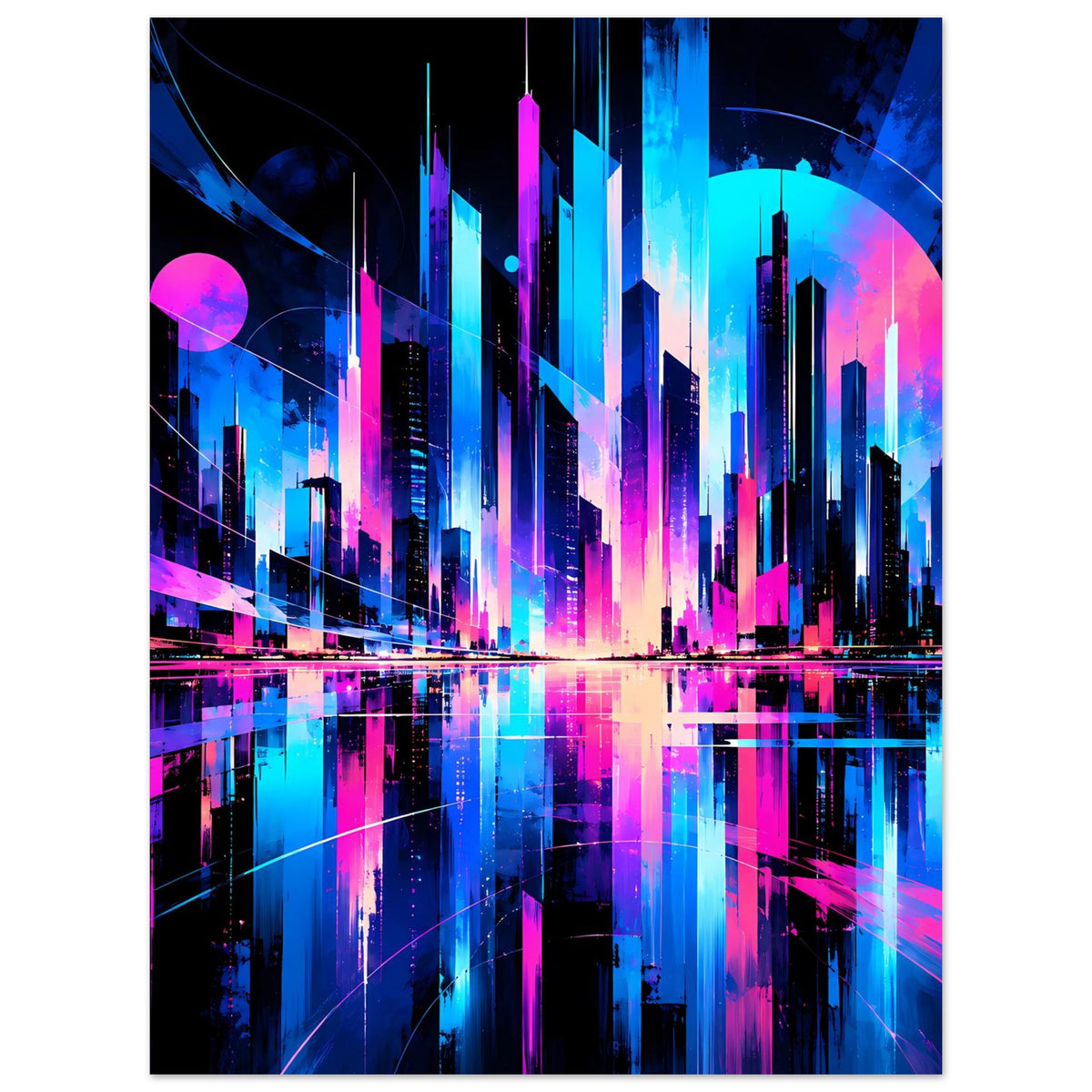 Neon-Stadtlandschafts-Poster, Hochformat, leuchtende blaue und pinke Wolkenkratzer