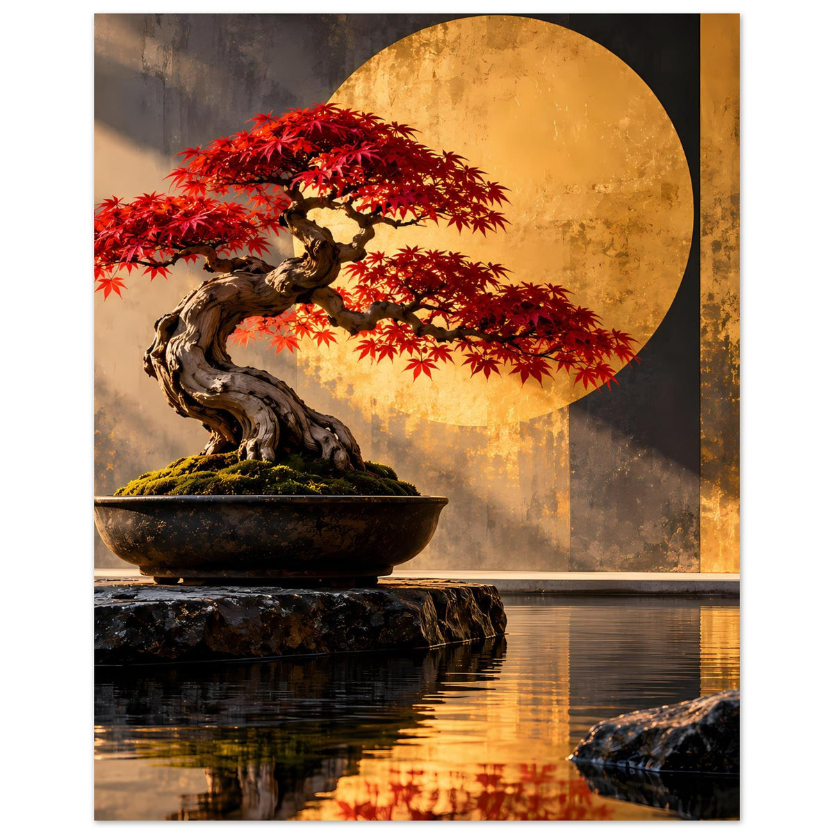 Rotahorn-Bonsai-Poster mit roten Blättern, dunkler Schale und gelber Kreisform, Wasserrand unten
