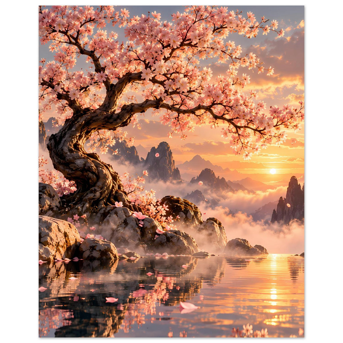 Poster im Hochformat mit Kirschblütenbaum, See-Reflexion und Sonnenuntergang am Horizont