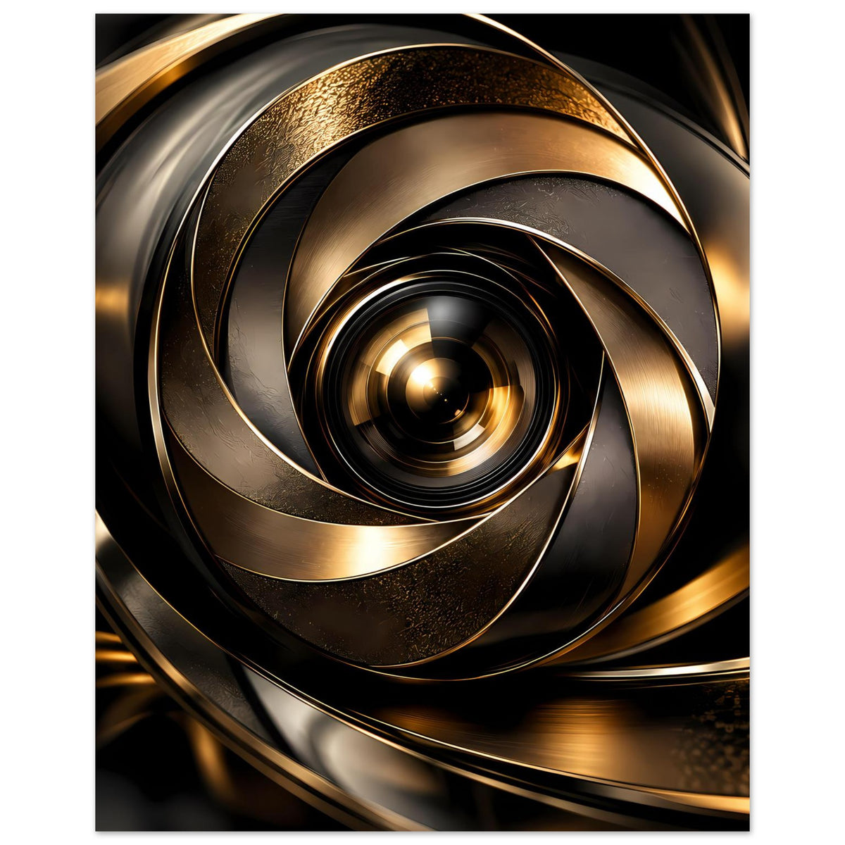 Abstraktes Poster (Hochformat) mit goldener Spiralform und dunklen Ringen