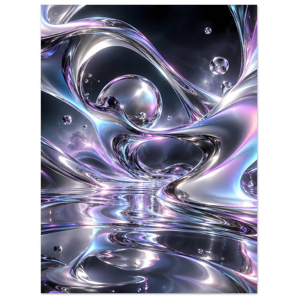 Liquid-Chrome Poster mit irisierendem Chromeffekt, Wellenformen und schwebenden Kugeln