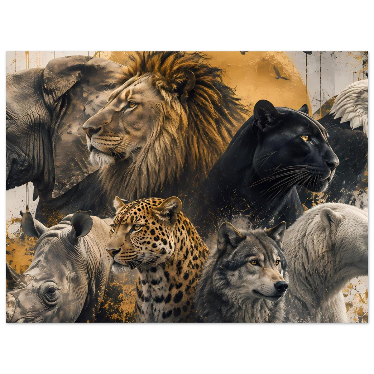 Wildtier-Poster (hochkant) mit Löwe, Panther, Leopard und Wölfen im Goldton