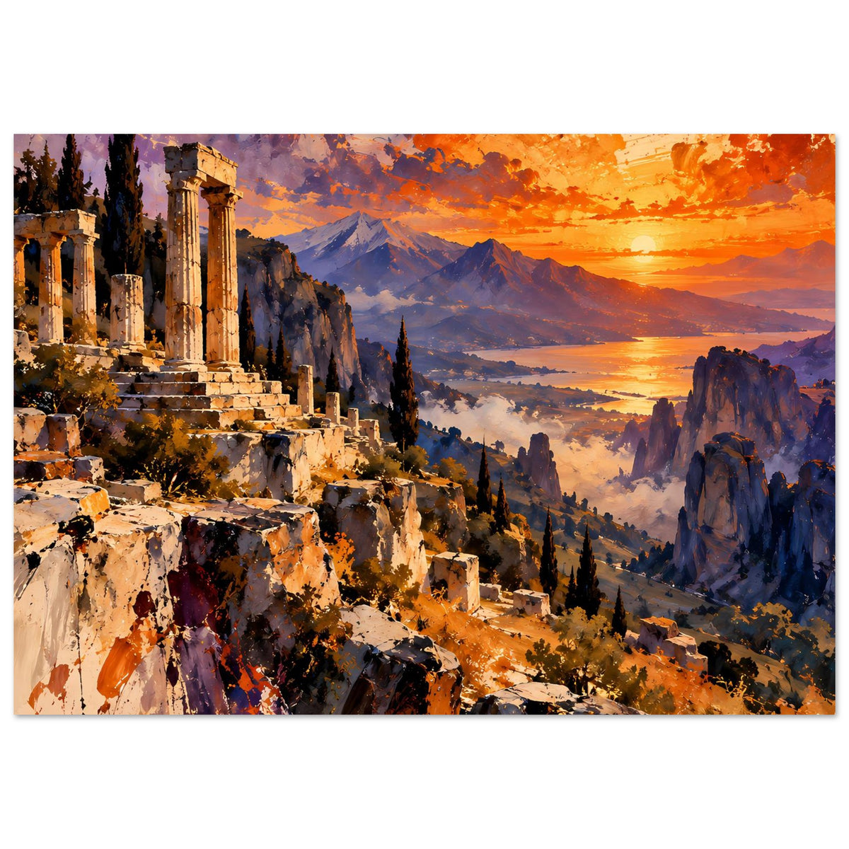 Horizontales mattes Poster mit Ruinen-Säulen, Bergen und orange-violettem Abendhimmel