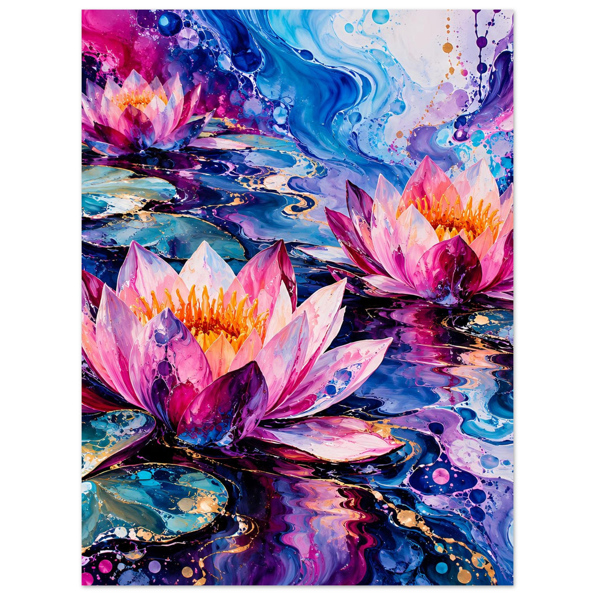Vertikales Abstraktes Seerosen-Blumenposter mit rosa Blüten, blauen Wellen und Tropfen
