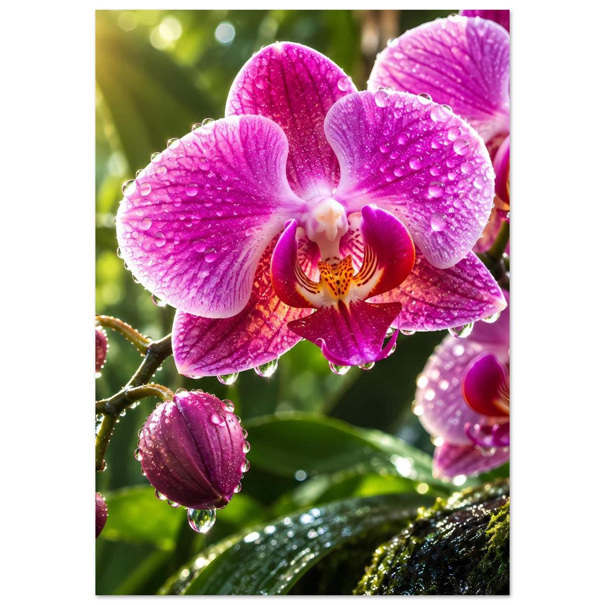 Orchideen-Poster mit pinker Orchideenblüte und Wassertropfen, seitliche Knospen