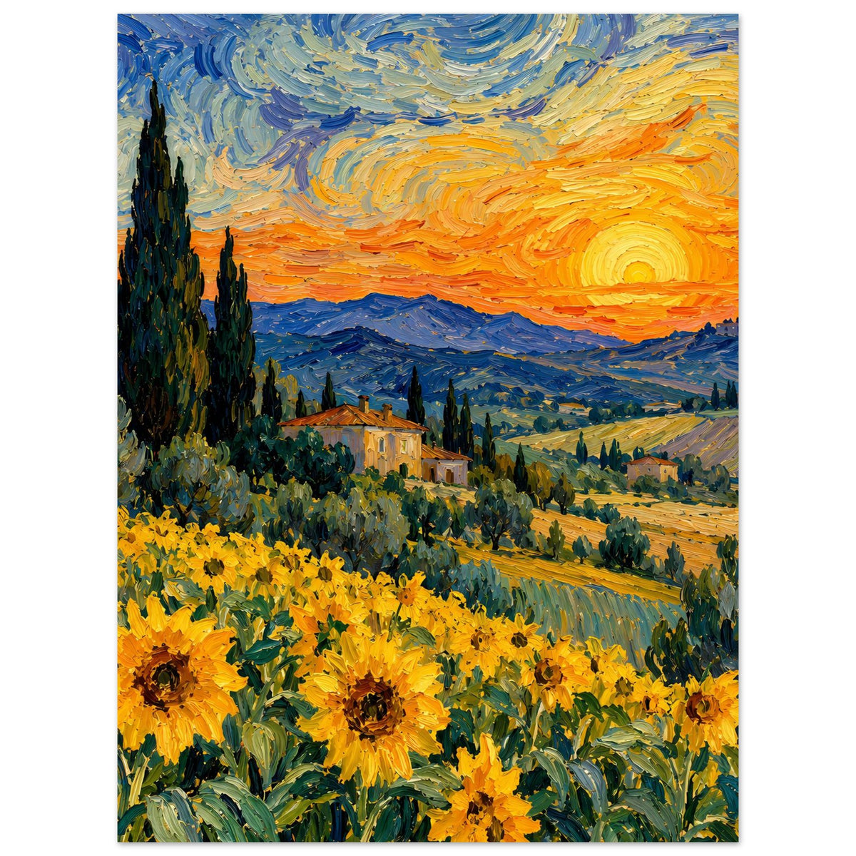 Kunstposter: Sonnenblumen im Vordergrund, Landschaftstäler und orangefarbene Sonne im Abendhimmel