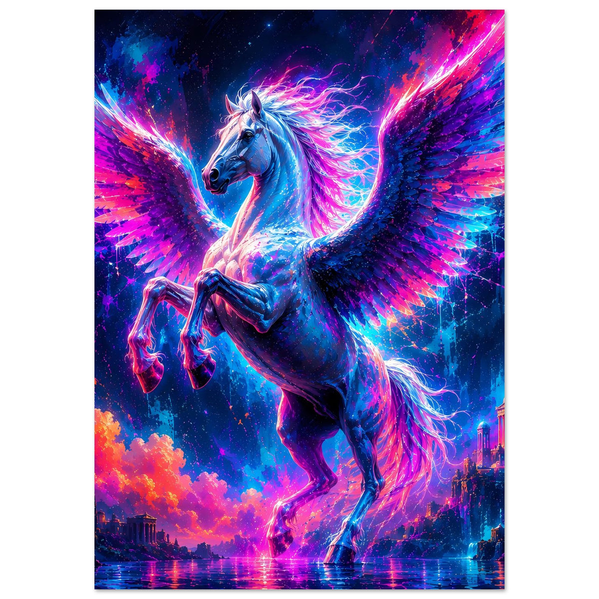 Leuchtendes Pegasus-Poster, Hochformat: leuchtender blauer Pegasus, farbige Sterne