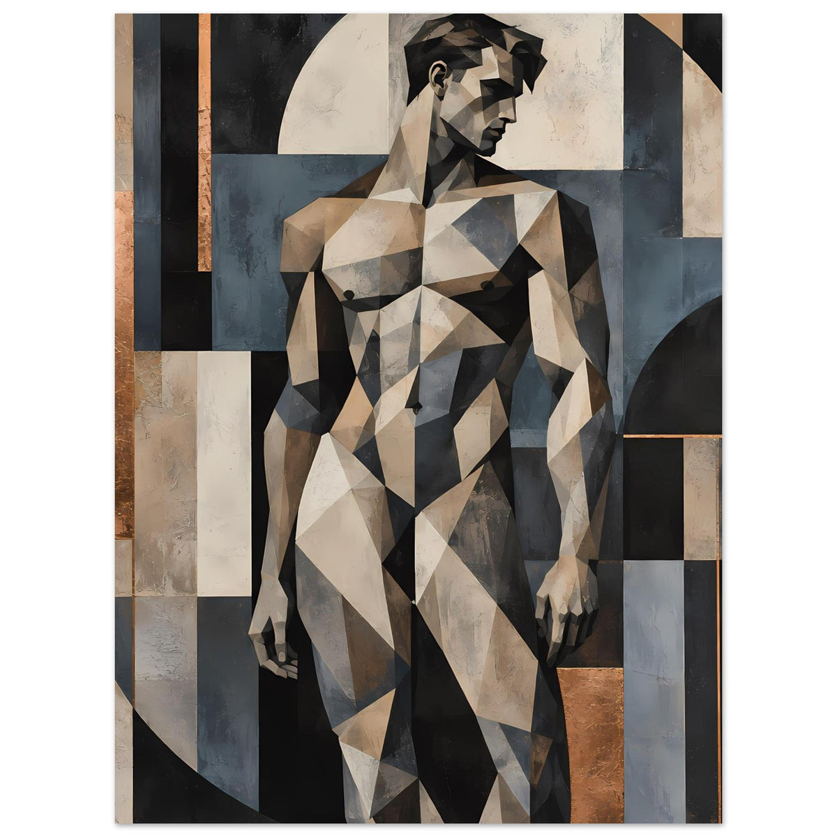 Kunstposter mit geometrischer Aktfigur, Seitenansicht, warme Erdtöne, beige, schwarz und kühles Blau